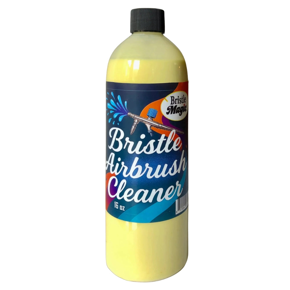 Bottle of Bristle Airbrush Cleaner with a black cap on a black background