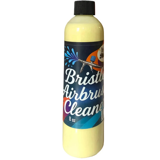 An 8 oz bottle of Bristle Airbrush Cleaner with a black cap and a dark blue label featuring white text and colorful graphics, shown against a plain white background.