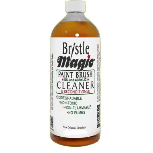 A bottle of Bristle Magic Oil and Acrylic Paint Brush Cleaner & Reconditioning liquid, featuring amber liquid in a clear bottle with a white cap and white label.